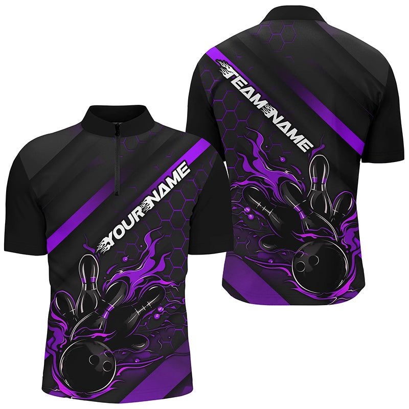 Men's Black & Purple Flame Bowling Shirts I7288