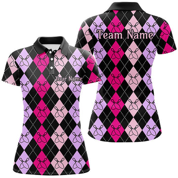 Women's Custom Pink & Purple Argyle Bowling Shirts I7304