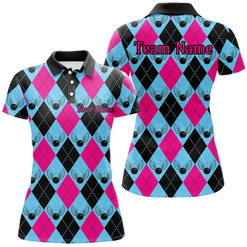 Custom Ladies Bowling Shirt - Blue & Pink Argyle I7306