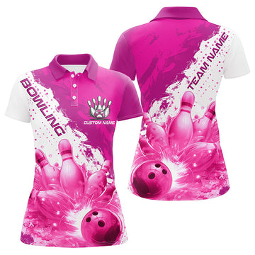 Pink Flame Strike Bowling Team Shirts for Women I6256