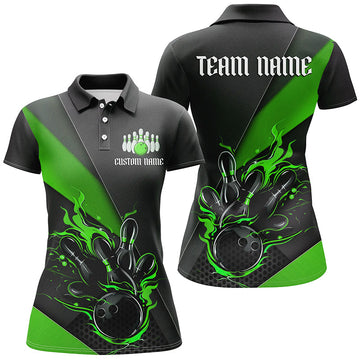 Women's Black & Green Flame Bowling Team Shirts I6736