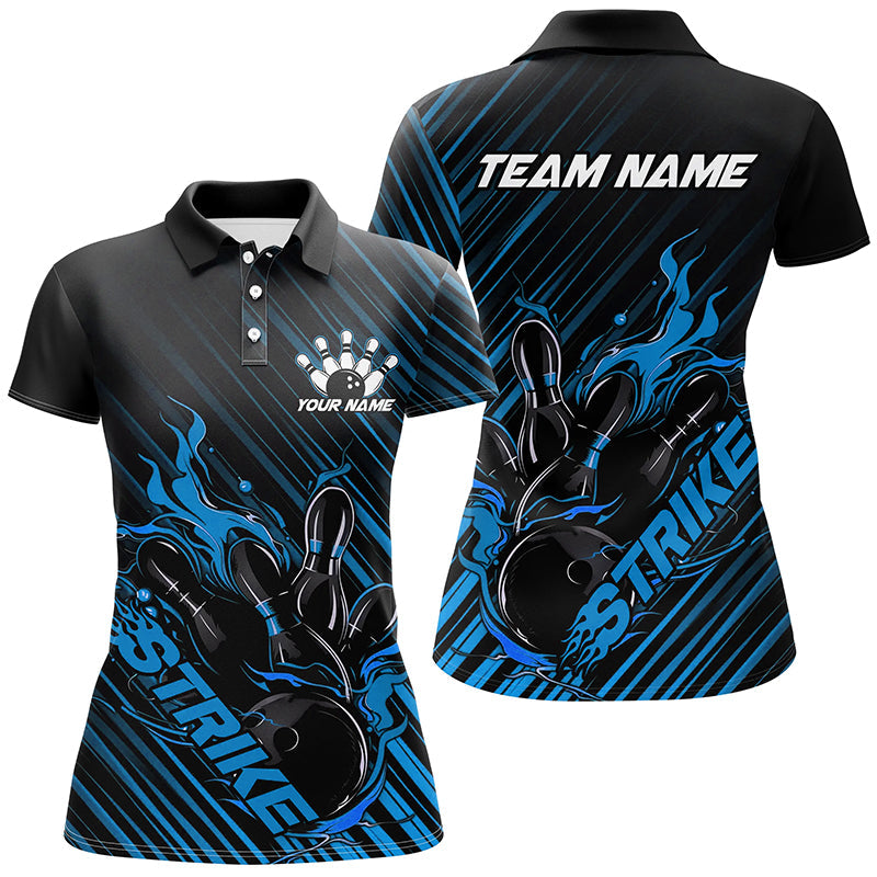 Custom Black & Blue Flame Ladies Bowling Shirt I7320