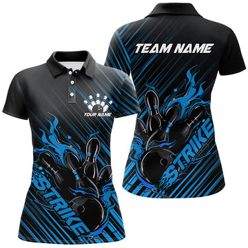 Custom Black & Blue Flame Ladies Bowling Shirt I7320