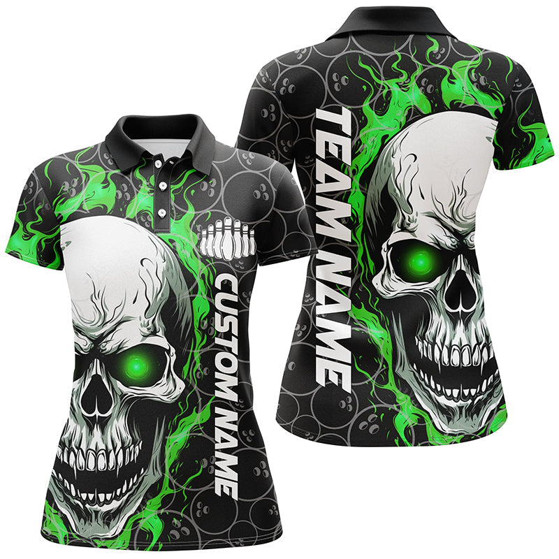 Women's Green Halloween Bowling Shirts - Custom Flaming Skull I5180