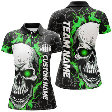 Women's Green Halloween Bowling Shirts - Custom Flaming Skull I5180