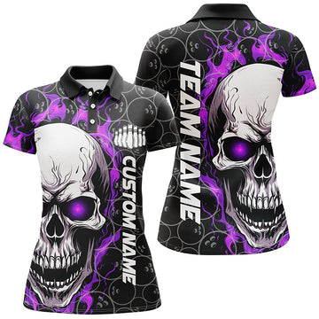 Women's Purple Flaming Skull Bowling Shirt I5181