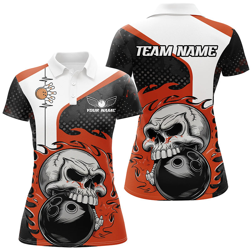 Women's Orange Flame Skull Bowling Polo Shirt I6757