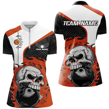 Women's Orange Flame Skull Bowling Quarter Zip Shirt I6757