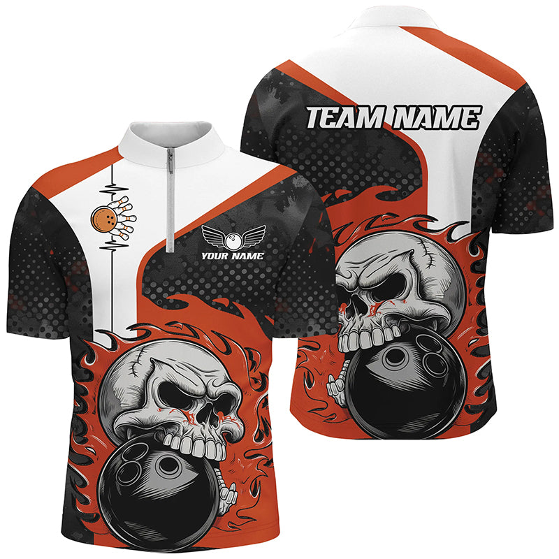 Men's Custom Orange Flame Skull Bowling Quarter Zip Shirt I6757