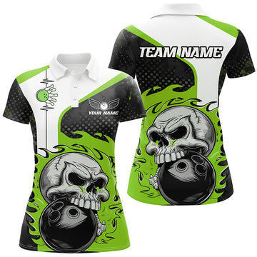 Women's Green Flame Skull Bowling Polo Shirt I6758