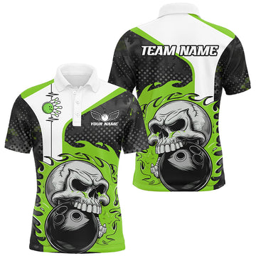 Men's Green Flame Skull Bowling Polo Shirt I6758