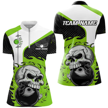 Women's Green Flame Skull Bowling Team Quarter Zip Shirt I6758