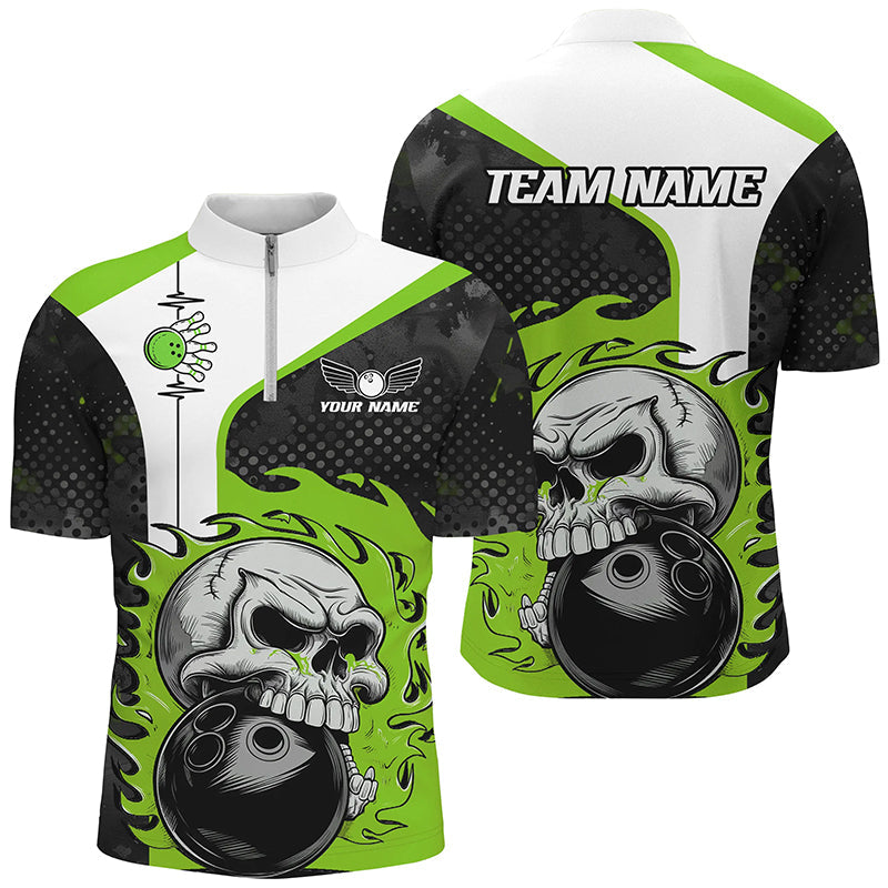 Green Flame Skull Bowling Team Quarter Zip Shirt for Men I6758