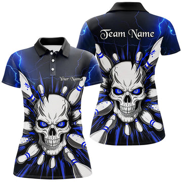 Women's Blue Lightning Skull Bowling Polo Shirt - Halloween Theme I6761