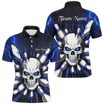 Blue Lightning Thunder Skull Bowling Shirt for Men - Halloween Polo I6761