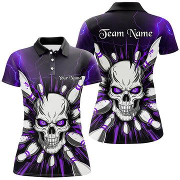 Women's Purple Lightning Skull Bowling Polo Shirt I6762