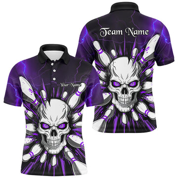Men's Purple Skull Bowling Shirt - Halloween Polo I6762