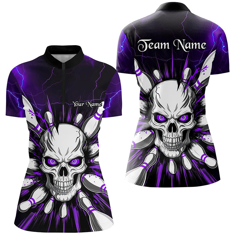 Women's Purple Lightning Skull Bowling Shirt - Halloween Team I6762