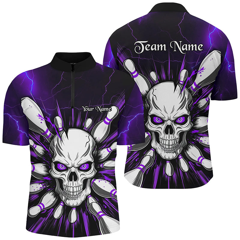 Men's Purple Lightning Skull Bowling Quarter Zip Shirt - Halloween Theme I6762