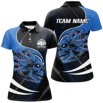 Women's Blue Custom Skull Bowling Shirt I6763