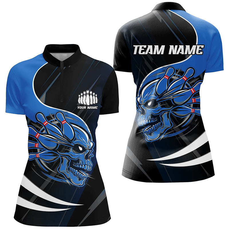 Women's Blue Custom Skull Bowling Shirt I6763