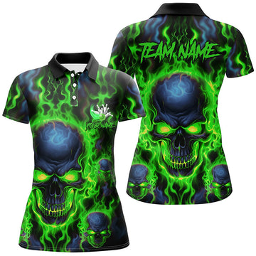 Ladies Bowling Polo Shirt - Green Flame Skull - Halloween I5379