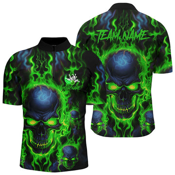 Men's Green Flame Skull Bowling Quarter Zip Shirt I5379