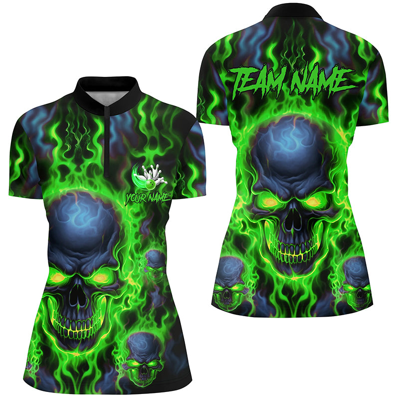 Custom Ladies Bowling Quarter Zip Shirt - Green Skull Flame I5379