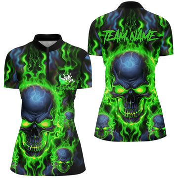 Custom Ladies Bowling Quarter Zip Shirt - Green Skull Flame I5379
