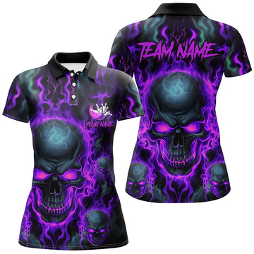 Ladies Purple Flame Skull Bowling Polo Shirt I5380