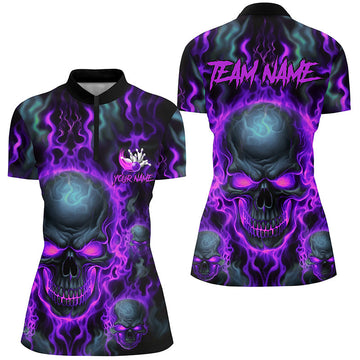 Ladies Purple Skull Flame Bowling Quarter Zip Shirt I5380