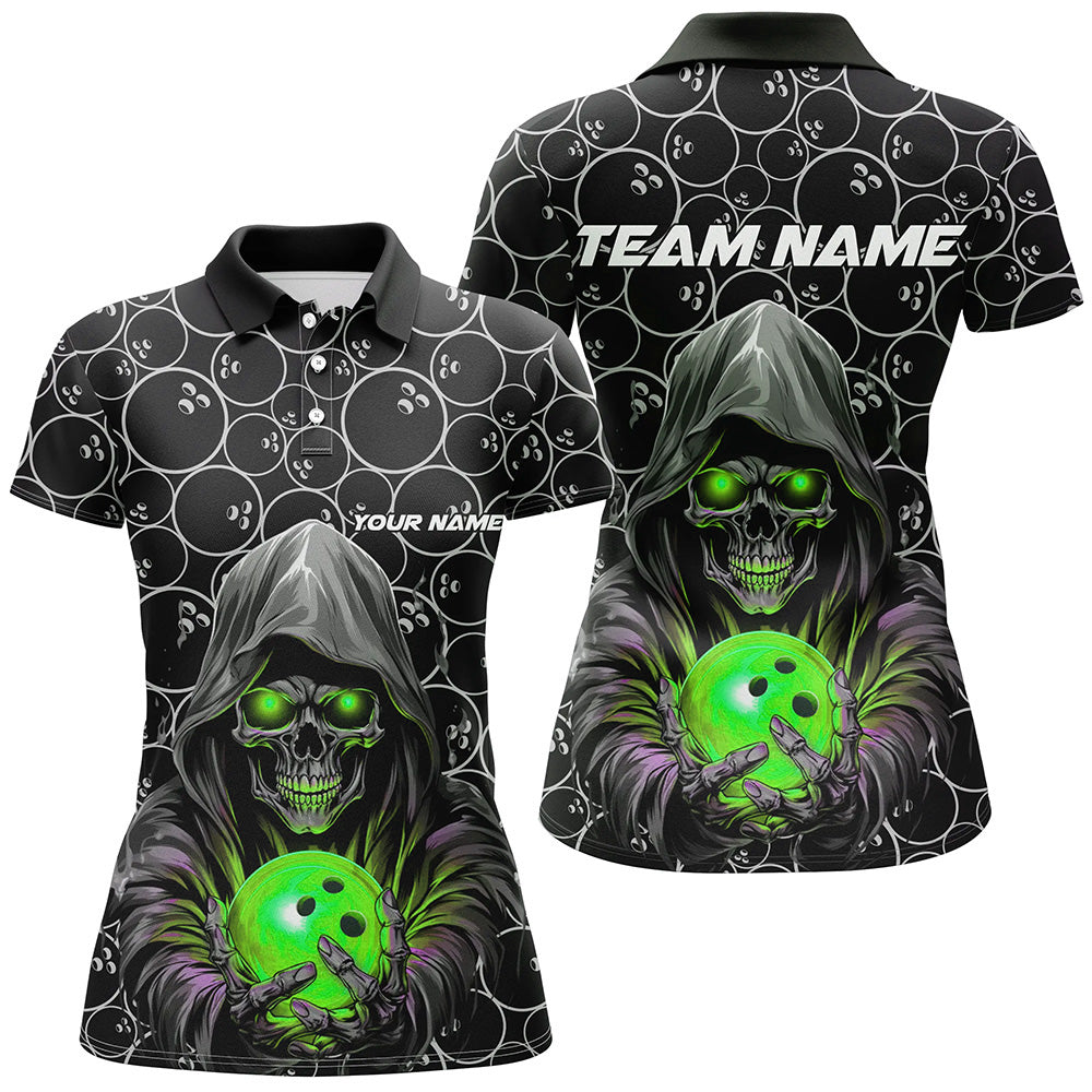 Women's Skull Green Bowling Polo Shirt - Custom Team Jersey I5389