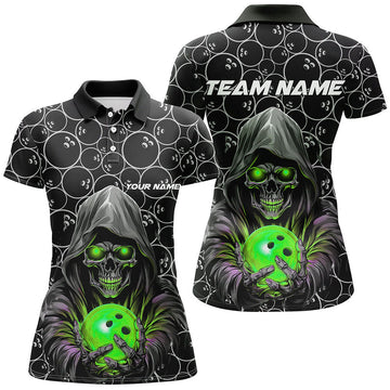 Women's Skull Green Bowling Polo Shirt - Custom Team Jersey I5389