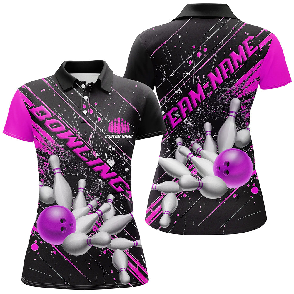 Women's Custom Pink Purple Strike Bowling Shirts I6337