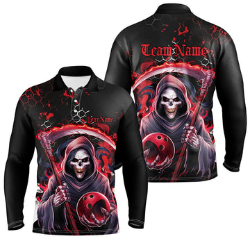 Red & Black Skull Bowling Polo Shirt for Men - Halloween Long Sleeve I6781