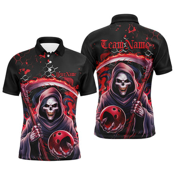 Red & Black Grim Reaper Bowling Polo for Men - Halloween Skull Design I6781