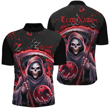 Red & Black Grim Reaper Bowling Quarter Zip Shirt for Men - Halloween I6781