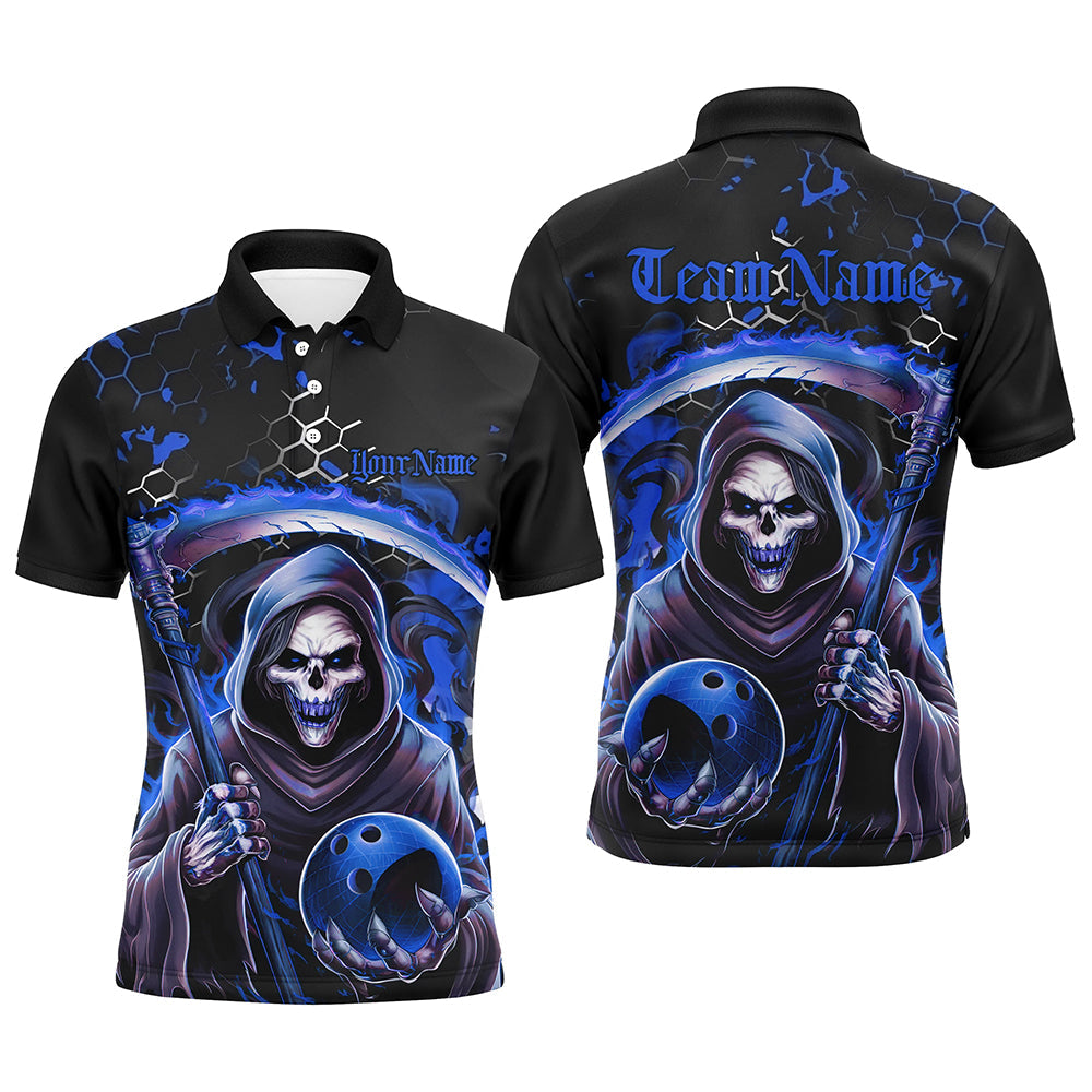 Men's Halloween Skull Bowling Polo Shirt - Blue/Black Grim Reaper I6782