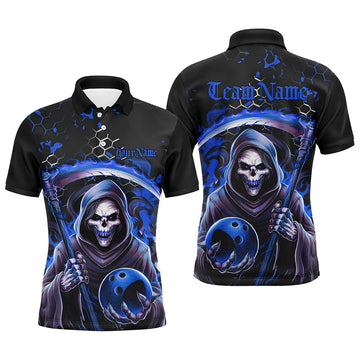 Men's Halloween Skull Bowling Polo Shirt - Blue/Black Grim Reaper I6782