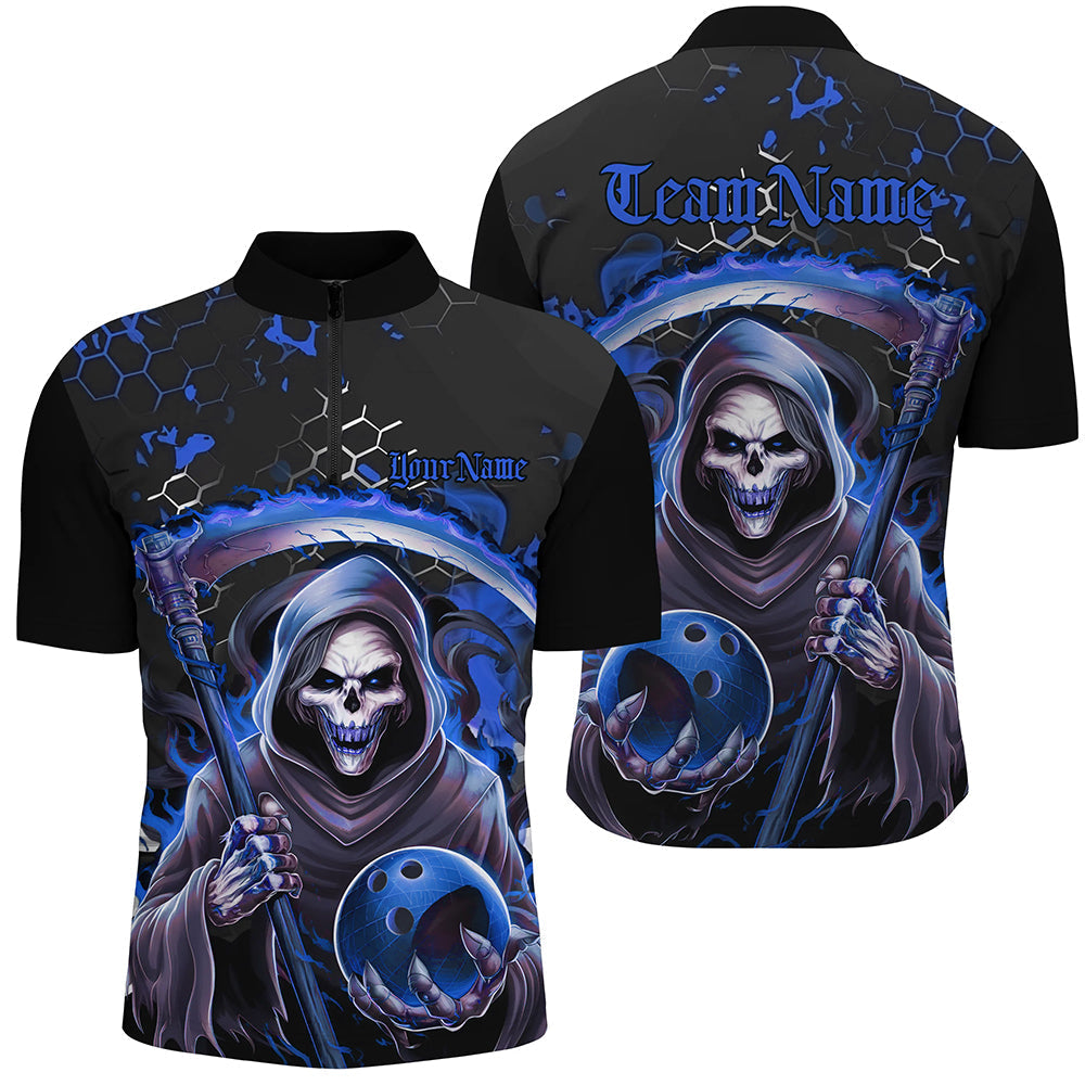 Men's Halloween Skull Bowling Quarter Zip - Blue/Black Grim Reaper I6782