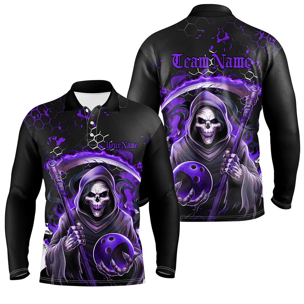 Men's Purple & Black Skull Bowling Polo, Halloween Long Sleeve I6783