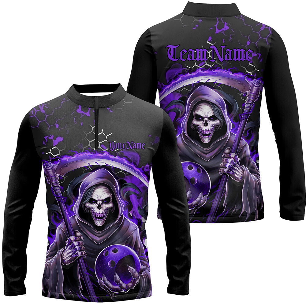 Men's Purple & Black Skull Bowling Zip Shirt - Halloween Long Sleeve I6783