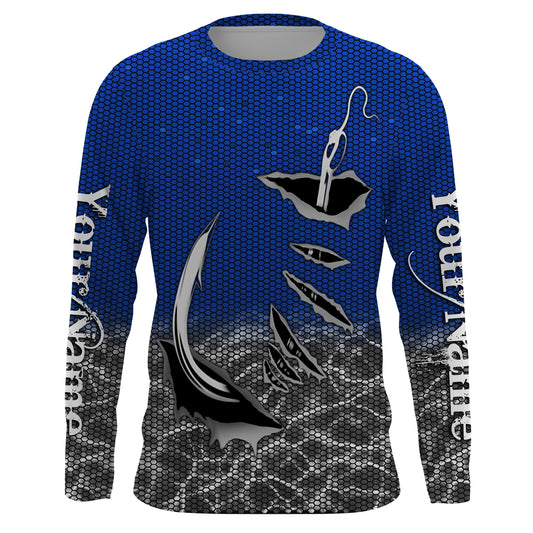 3D Fish hook Custom Long Sleeve performance Fishing Shirts, personalized Fishing gift ideas | blue IPHW1705