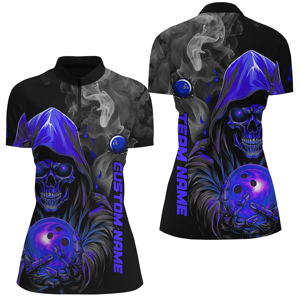 Custom Blue Skull Women's Bowling Quarter Zip Jersey I5406