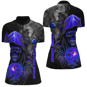 Custom Blue Skull Women's Bowling Quarter Zip Jersey I5406