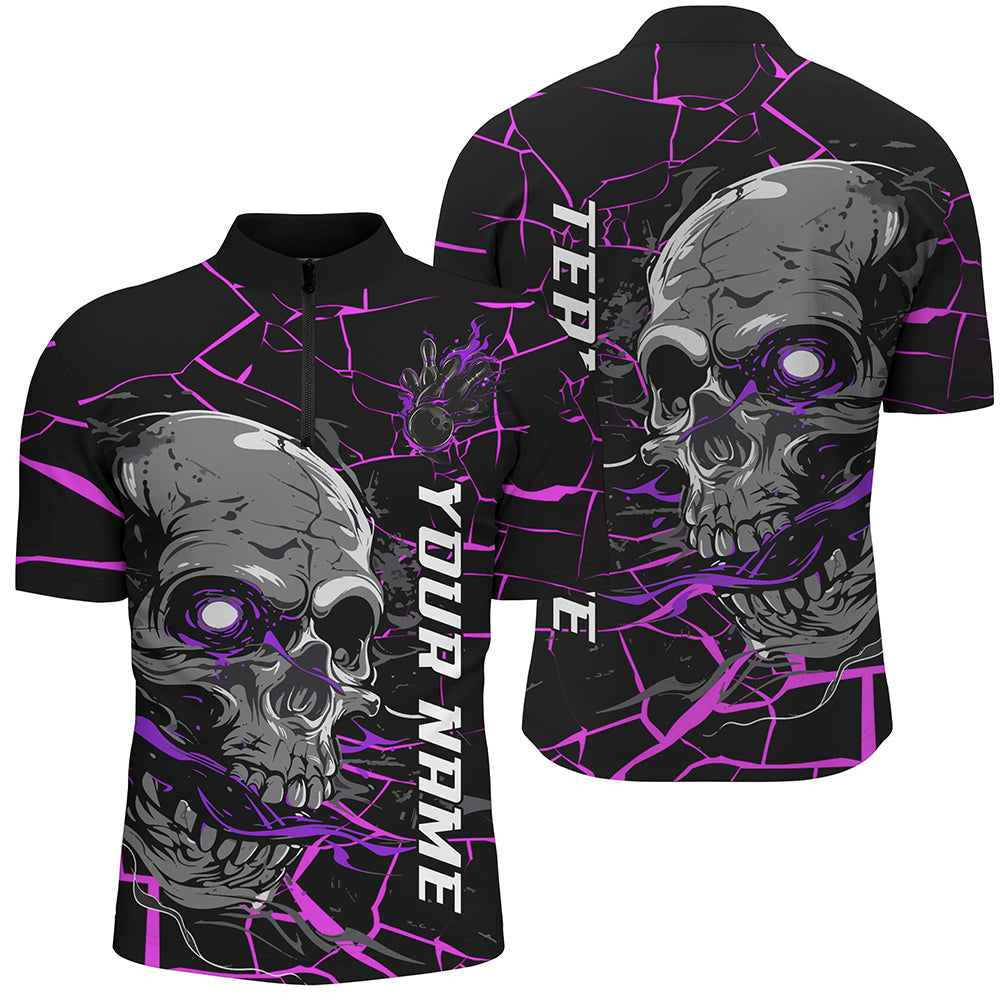 Men's Custom Purple & Pink Halloween Skull Bowling Shirt I7094