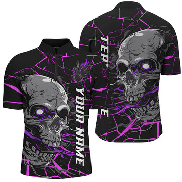 Men's Custom Purple & Pink Halloween Skull Bowling Shirt I7094