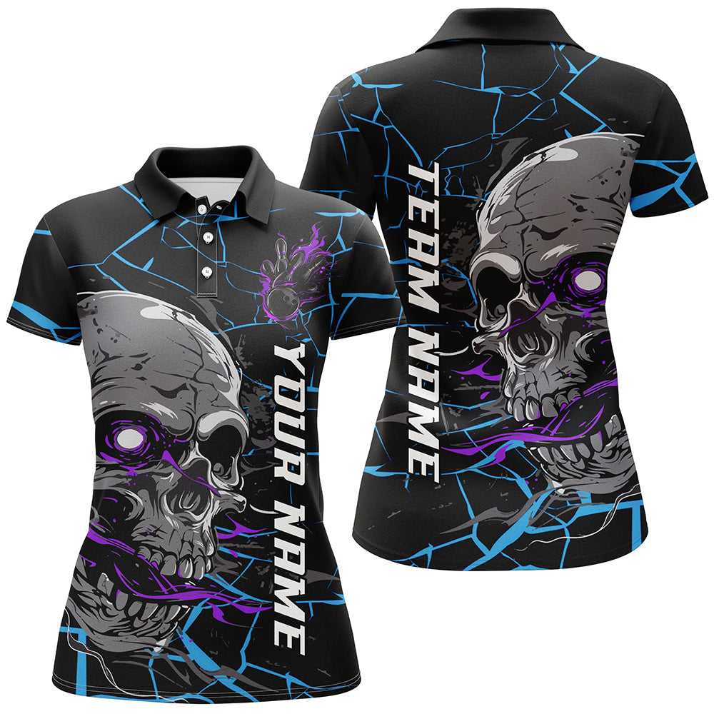 Women's Custom Blue & Purple Halloween Skull Bowling Shirt I7095