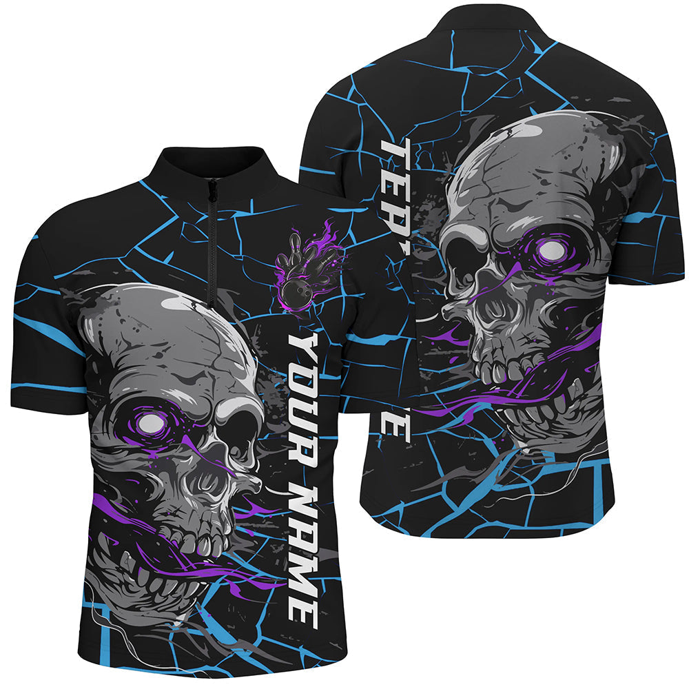 Men's Custom Blue & Purple Halloween Skull Bowling Shirts I7095