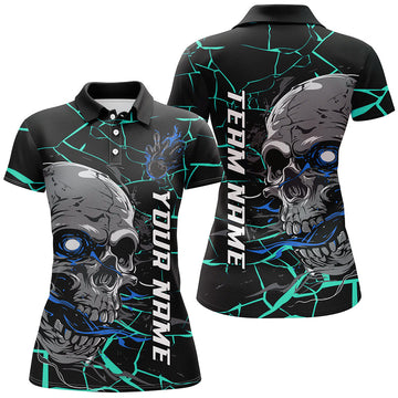 Women's Custom Blue Halloween Skull Bowling Shirt I7096